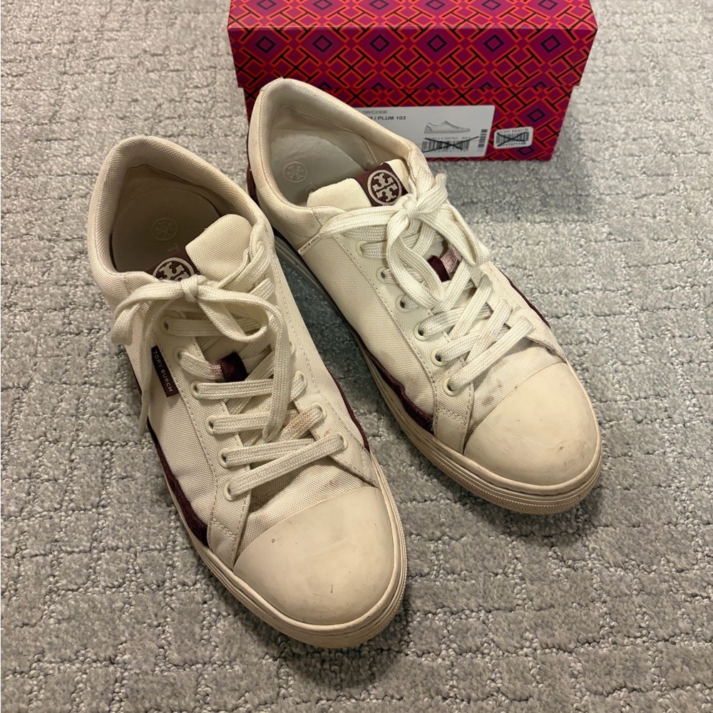Tory Burch Classic Court Canvas/Nat Suede in Cream/Plum Color
